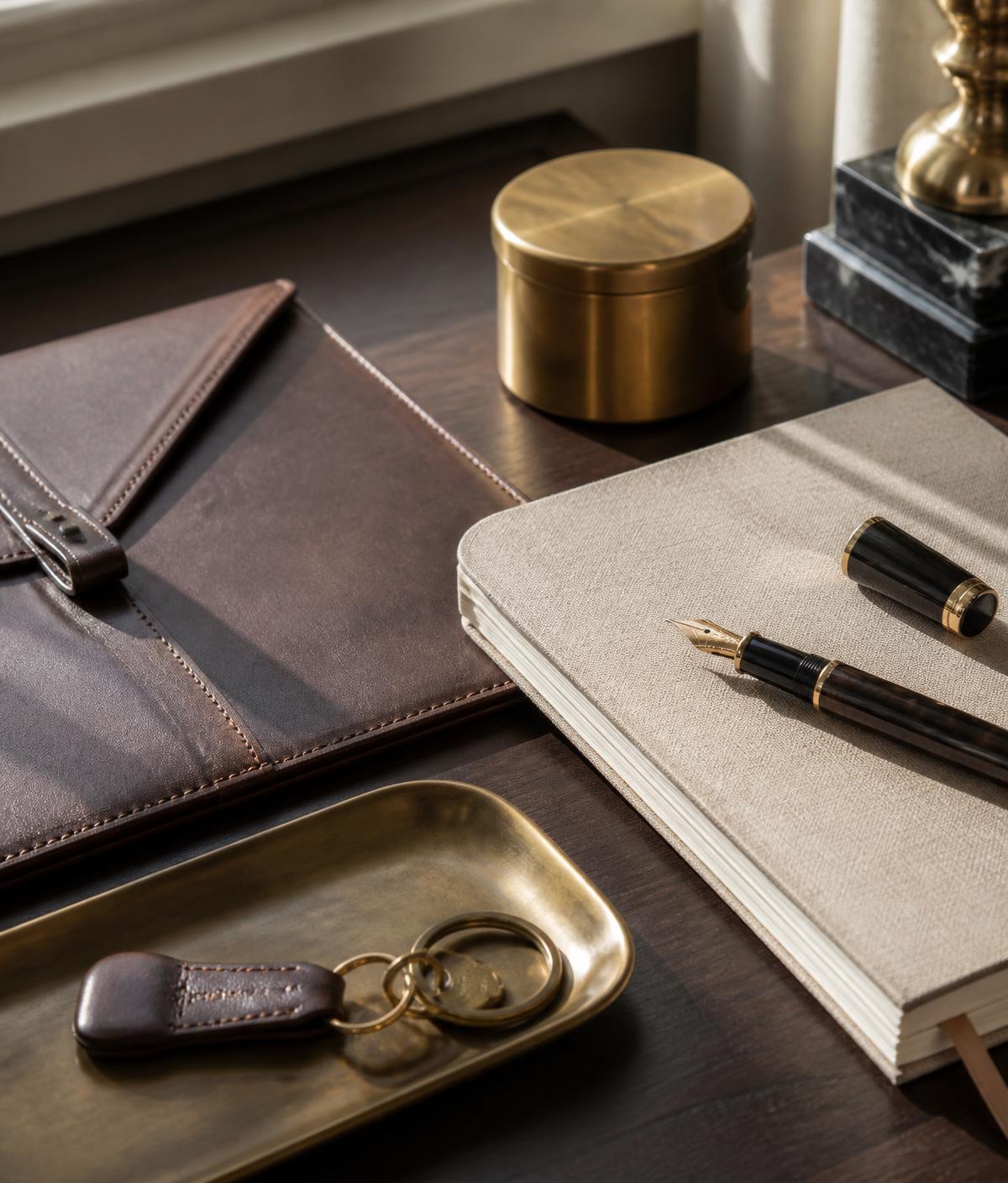 A leather folio and notebook on a household desk