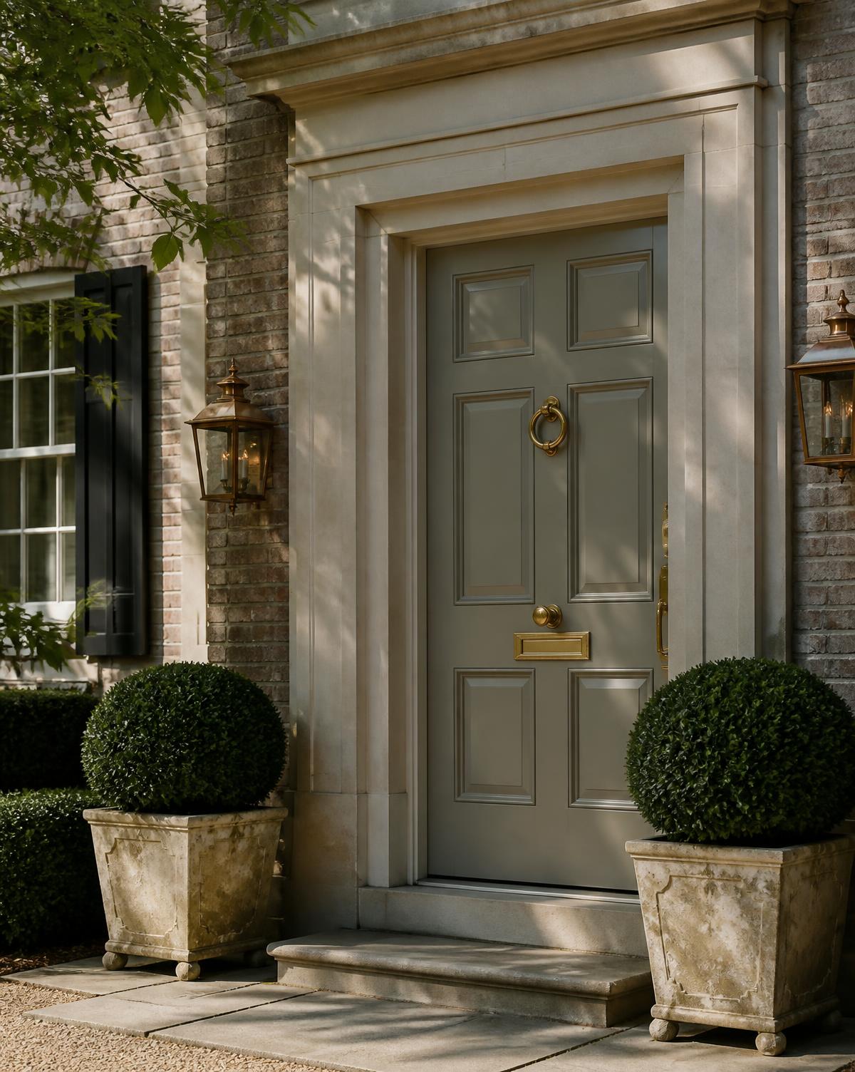 A paneled front door with brass hardware and clipped boxwood