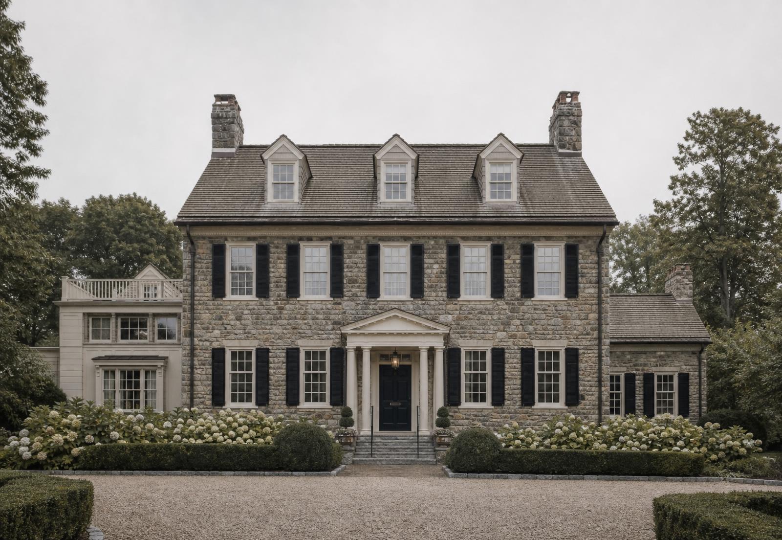 A stone New England residence photographed in soft overcast light