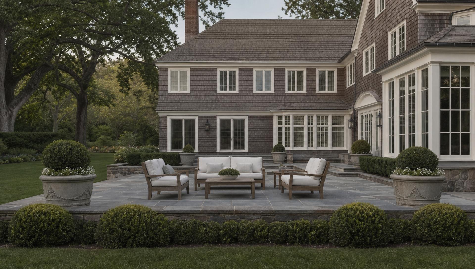 A bluestone terrace and clipped boxwood at the rear of a New England residence