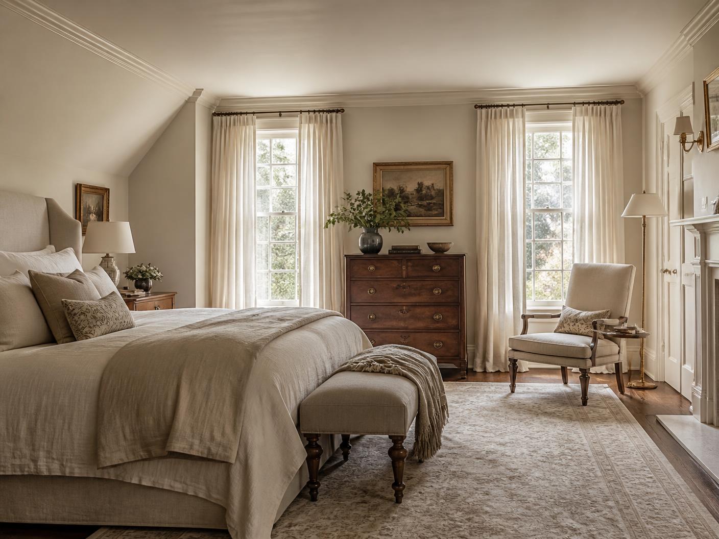 A serene primary bedroom suite with linen bedding and morning light