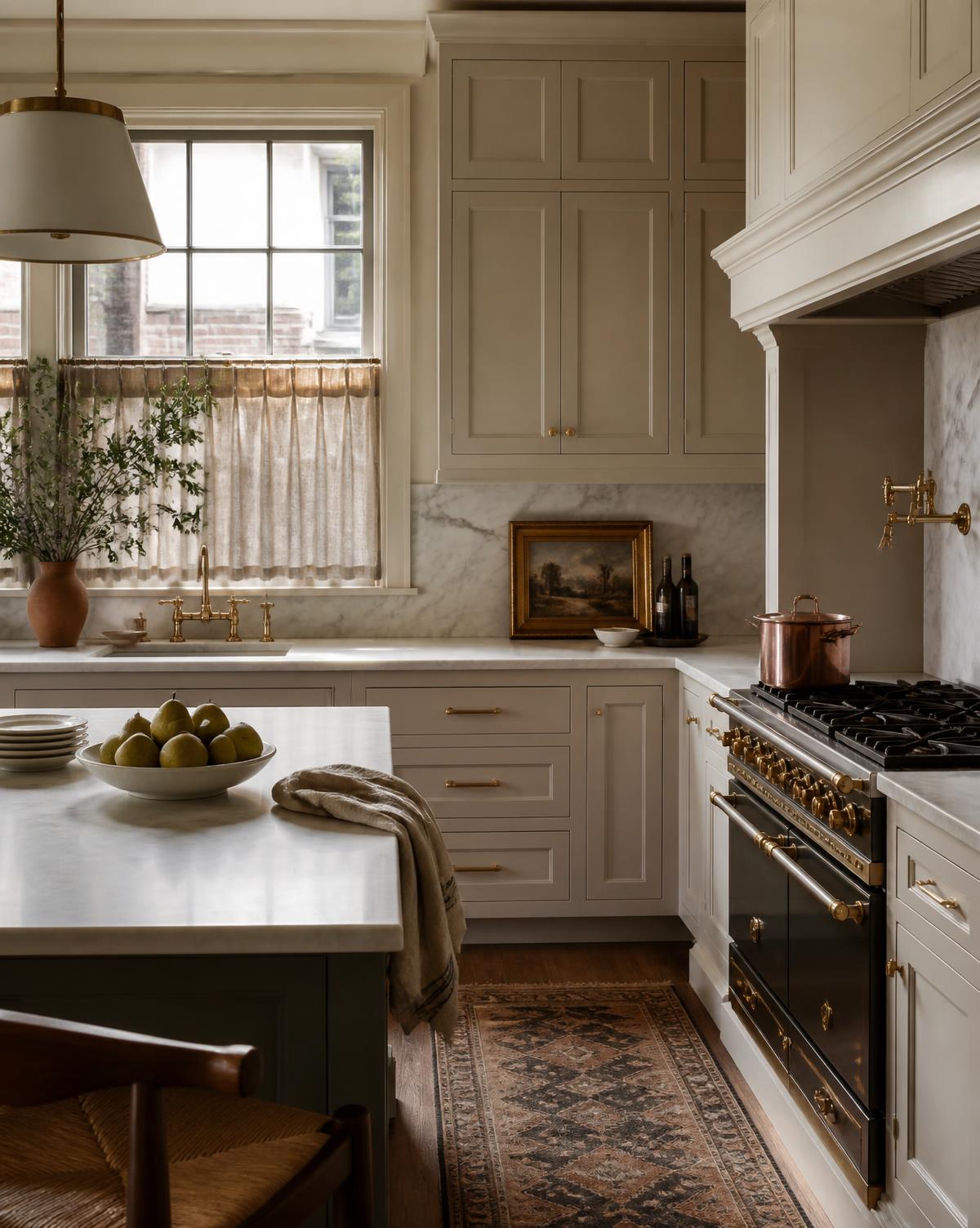 A warm luxury kitchen with honed marble and unlacquered brass fittings